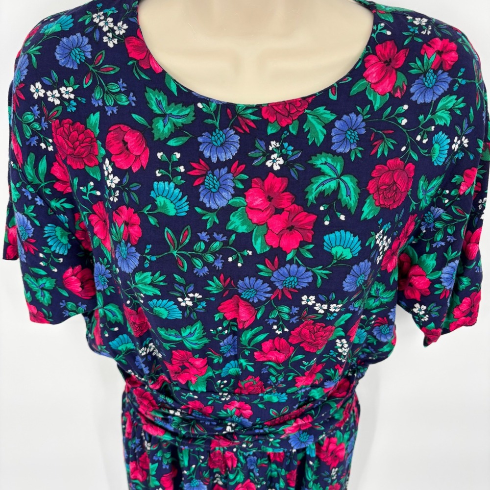 Vintage Ms. Choice Floral Jumpsuit Navy Blue Pink Sash Waist 80s 90s Retro